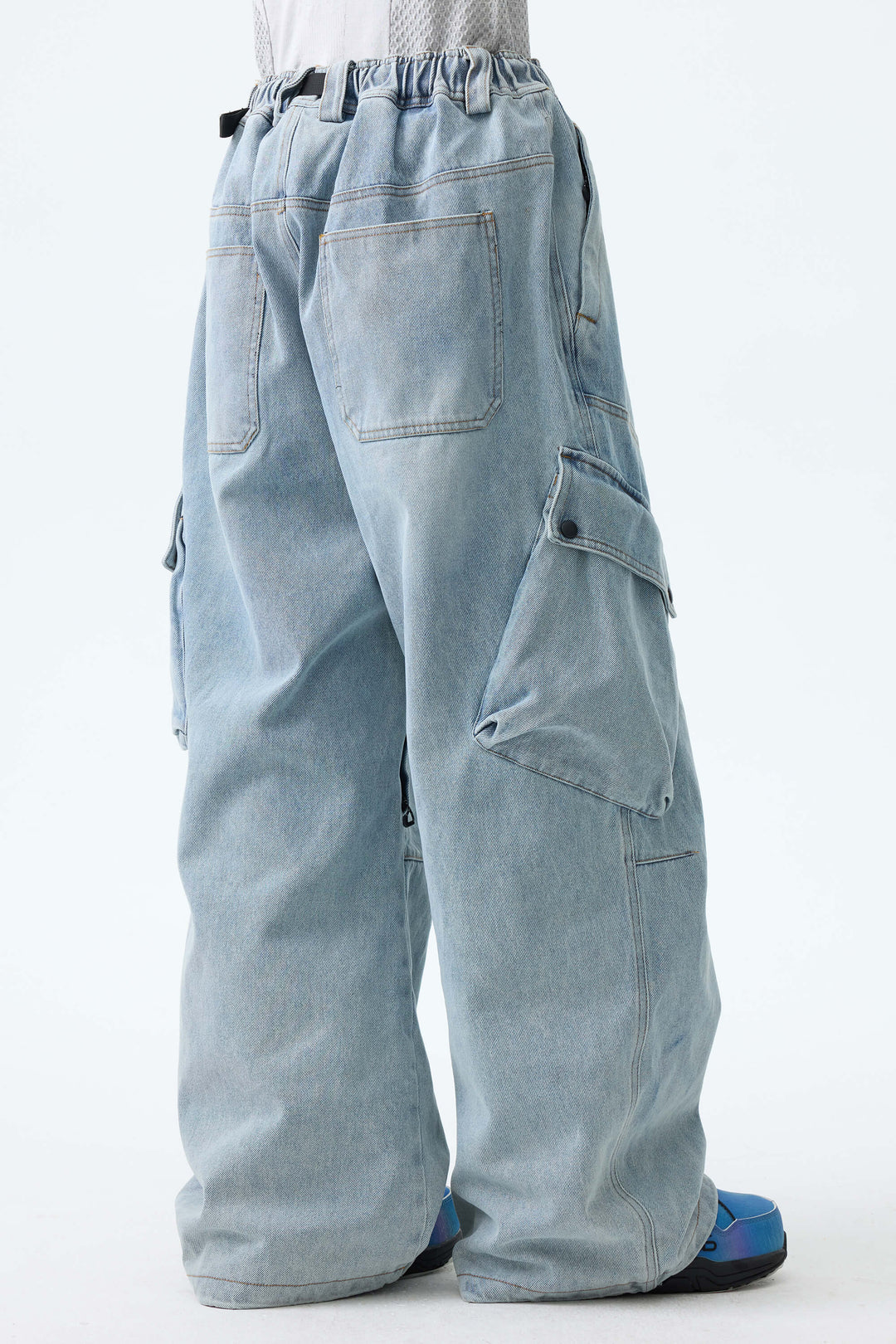 Women's Ice Blue Wash Real Denim Vintage Utility Cargo Snow Pants