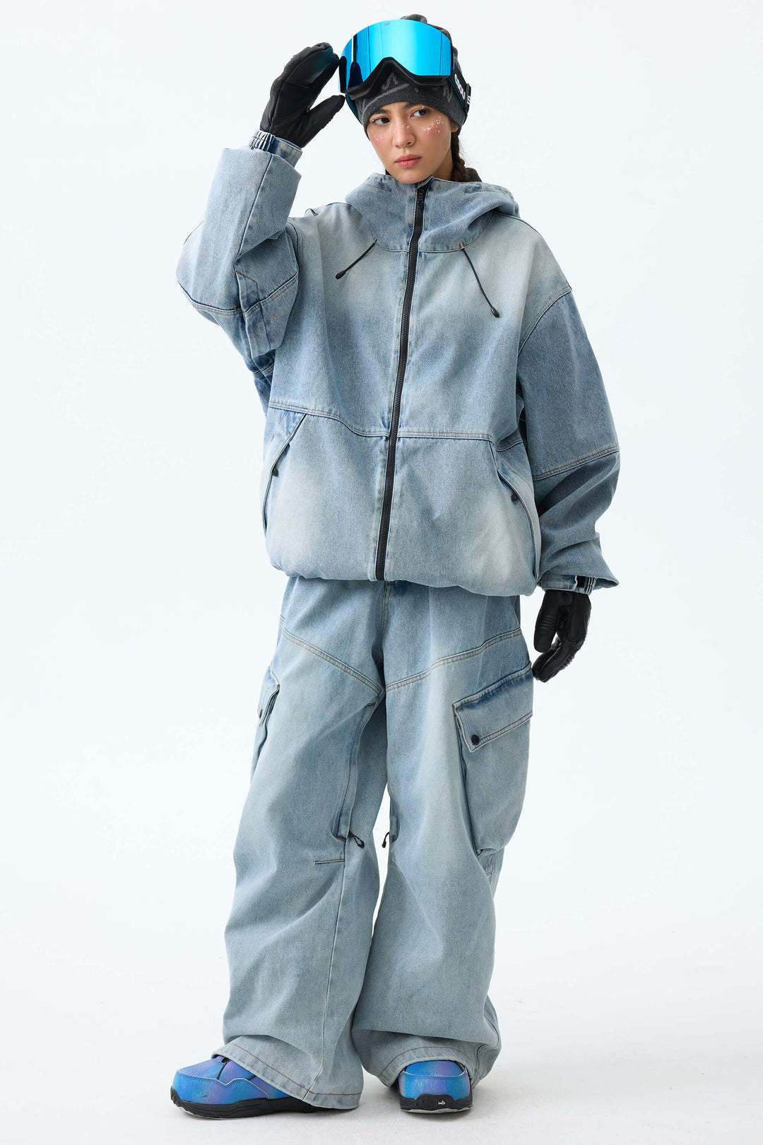 Women's Washed Black Real Denim Vintage Utility Cargo Snow Pants