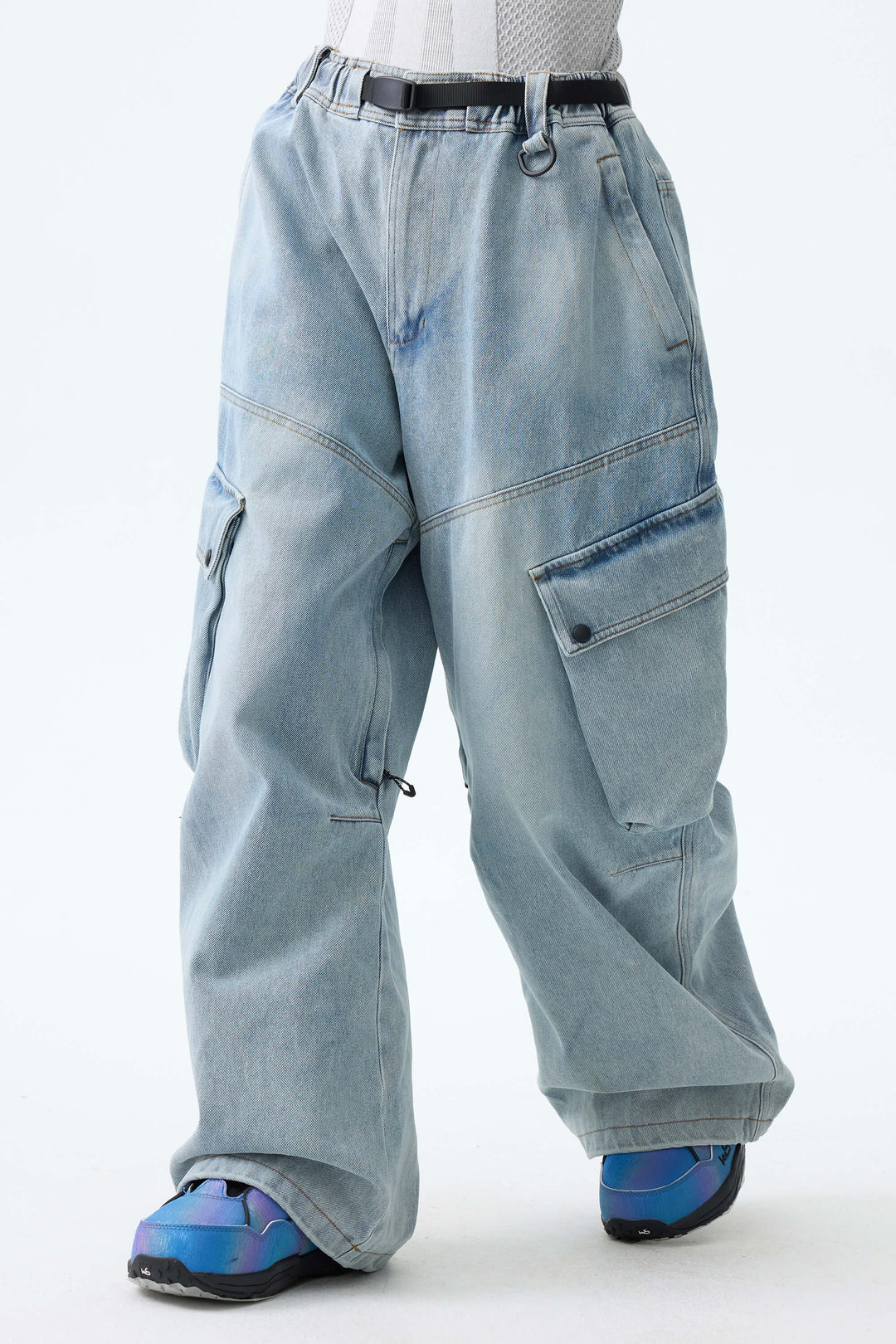 Women's Ice Blue Wash Real Denim Vintage Utility Cargo Snow Pants
