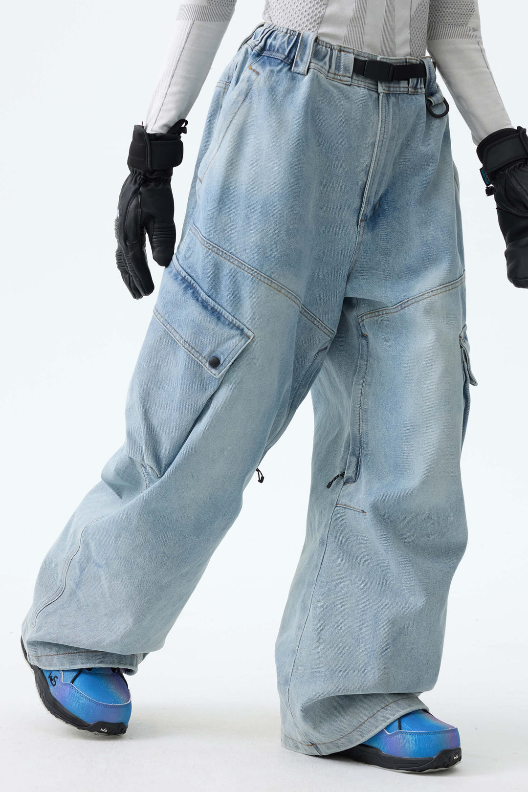 Women's Ice Blue Wash Real Denim Vintage Utility Cargo Snow Pants