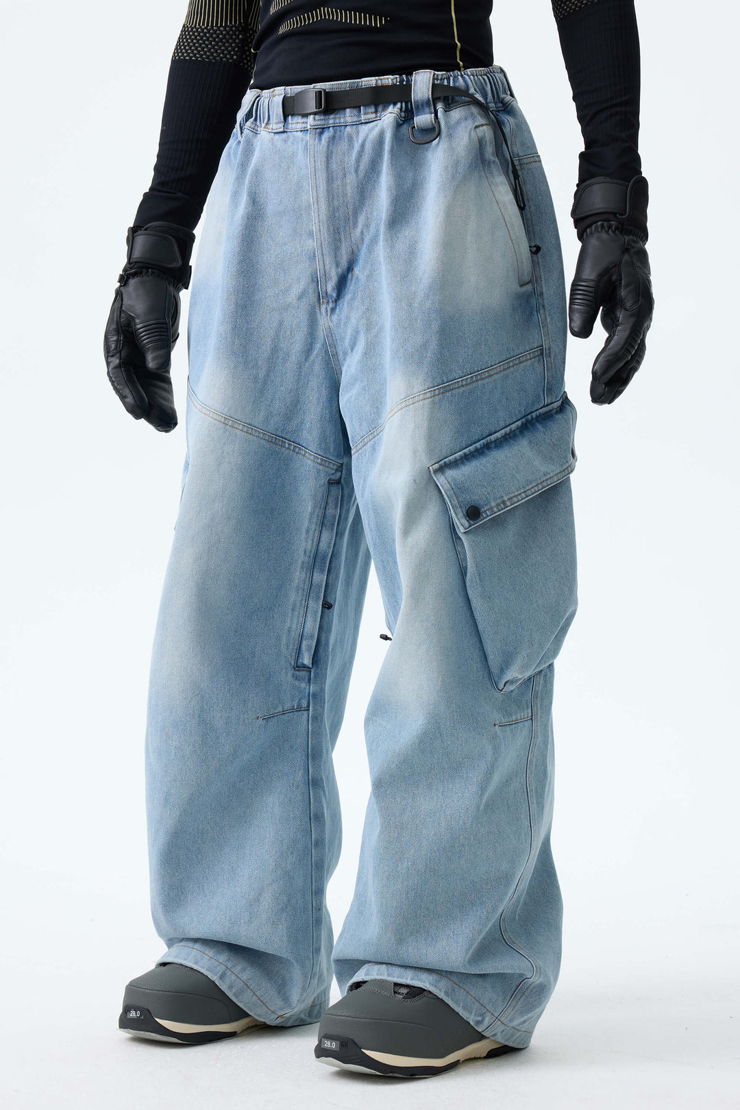 Men's Washed Black Real Denim Vintage Utility Cargo Snow Pants