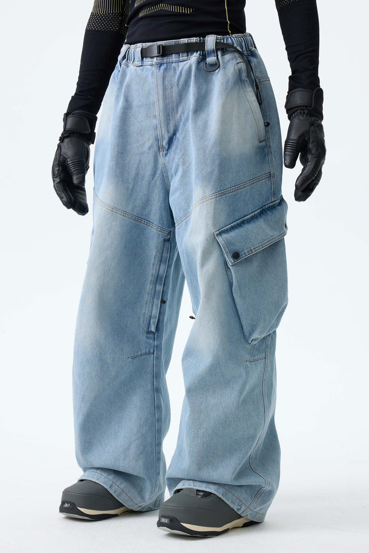 Men's Washed Black Real Denim Vintage Utility Cargo Snow Pants