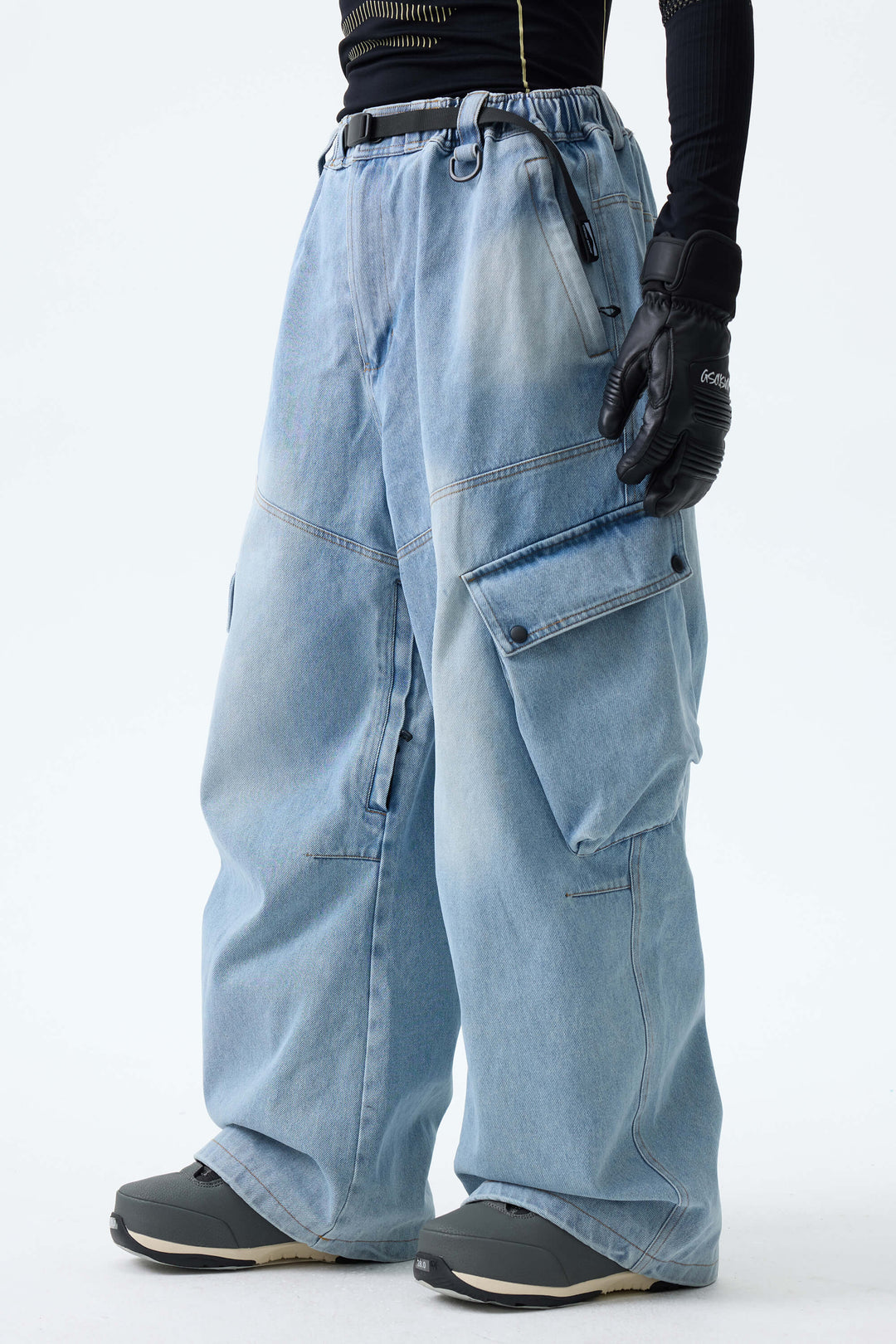 Men's Washed Black Real Denim Vintage Utility Cargo Snow Pants