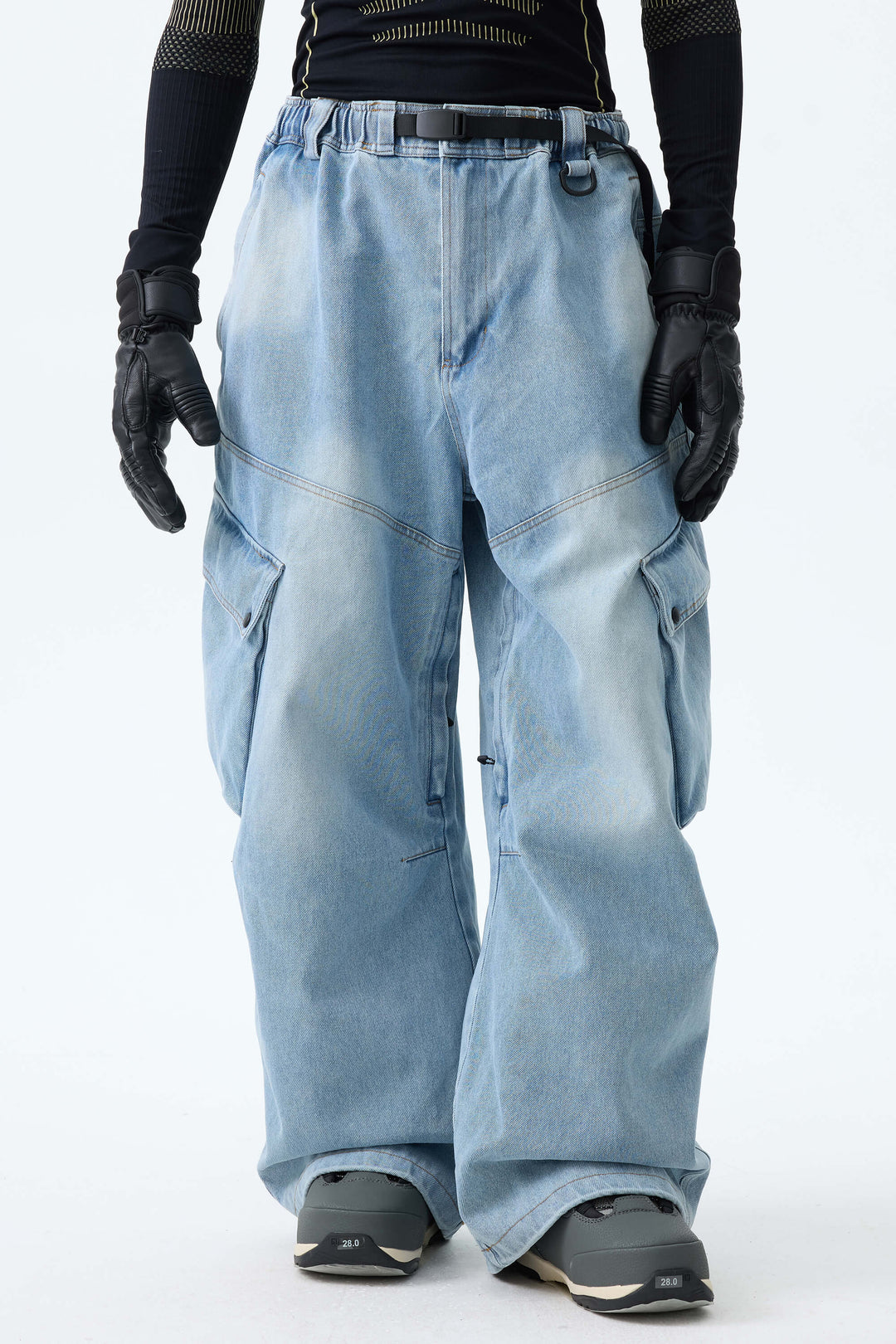 Men's Ice Blue Wash Real Denim Vintage Utility Cargo Snow Pants