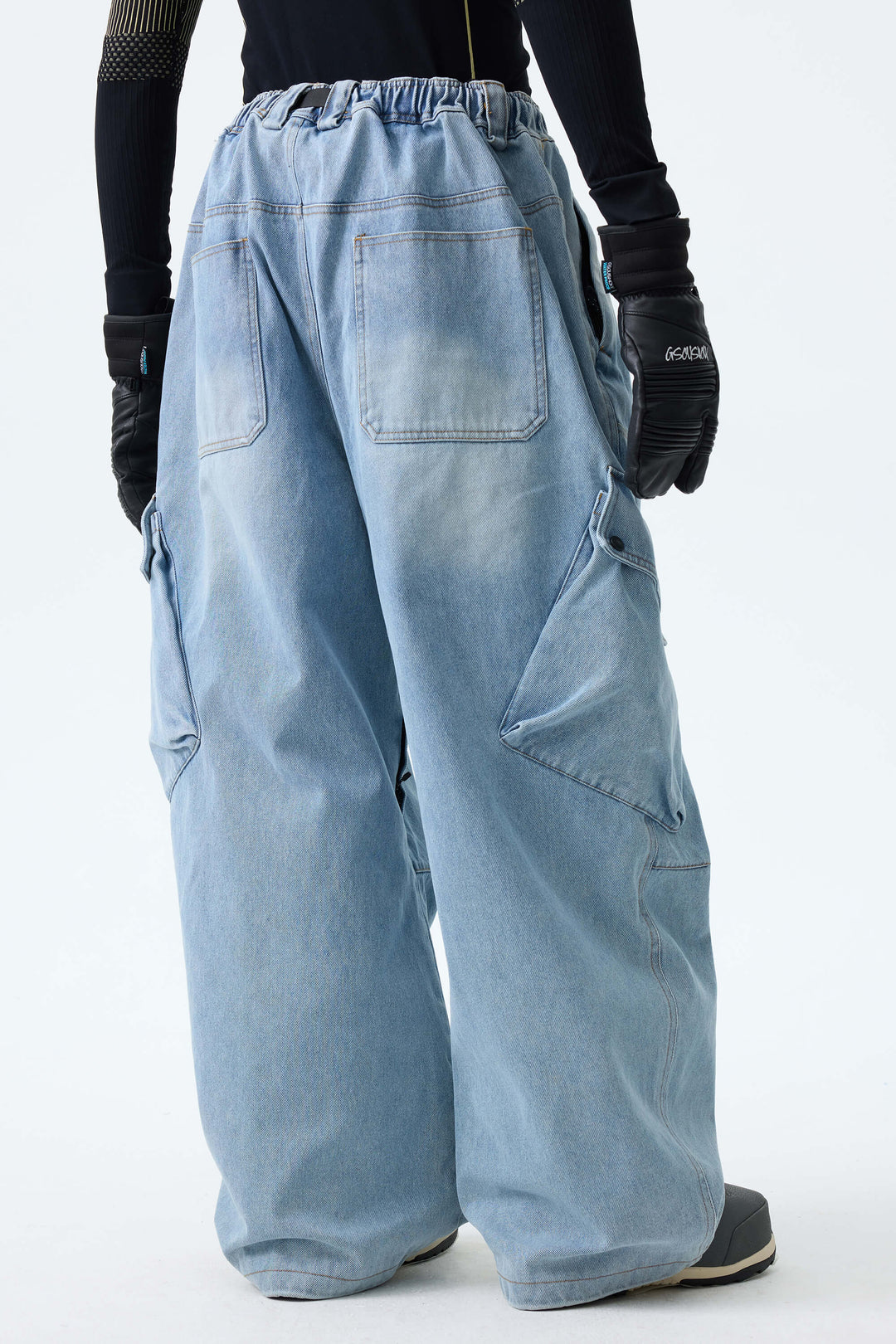 Men's Ice Blue Wash Real Denim Vintage Utility Cargo Snow Pants