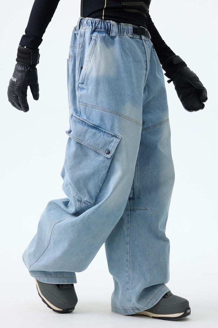 Men's Ice Blue Wash Real Denim Vintage Utility Cargo Snow Pants