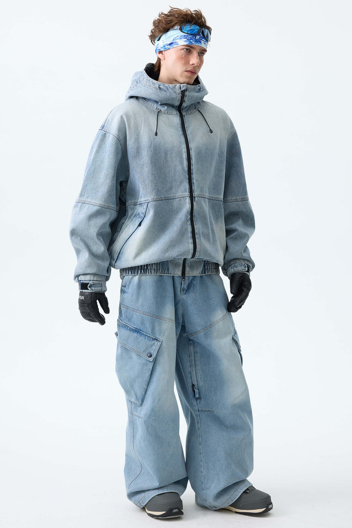 Men's Washed Black Real Denim Vintage Utility Cargo Snow Pants