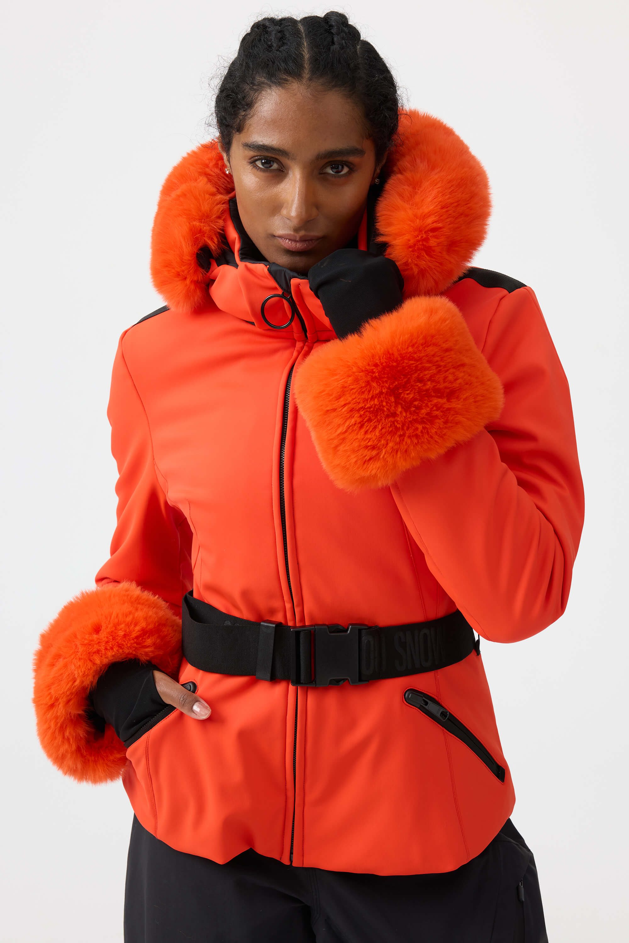Women's Orange 3D-Cut Faux Fur Stretch Insulated Ski Jacket – GSou