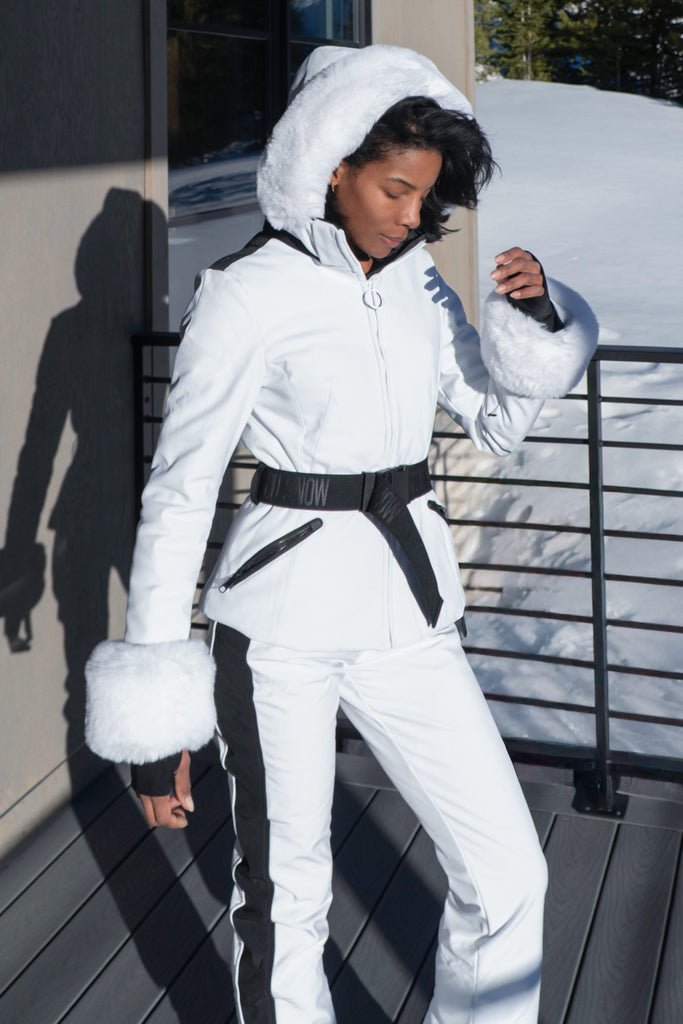 Women's White 3D-Cut Faux Fur Stretch Insulated Ski Jacket – GSou Snow
