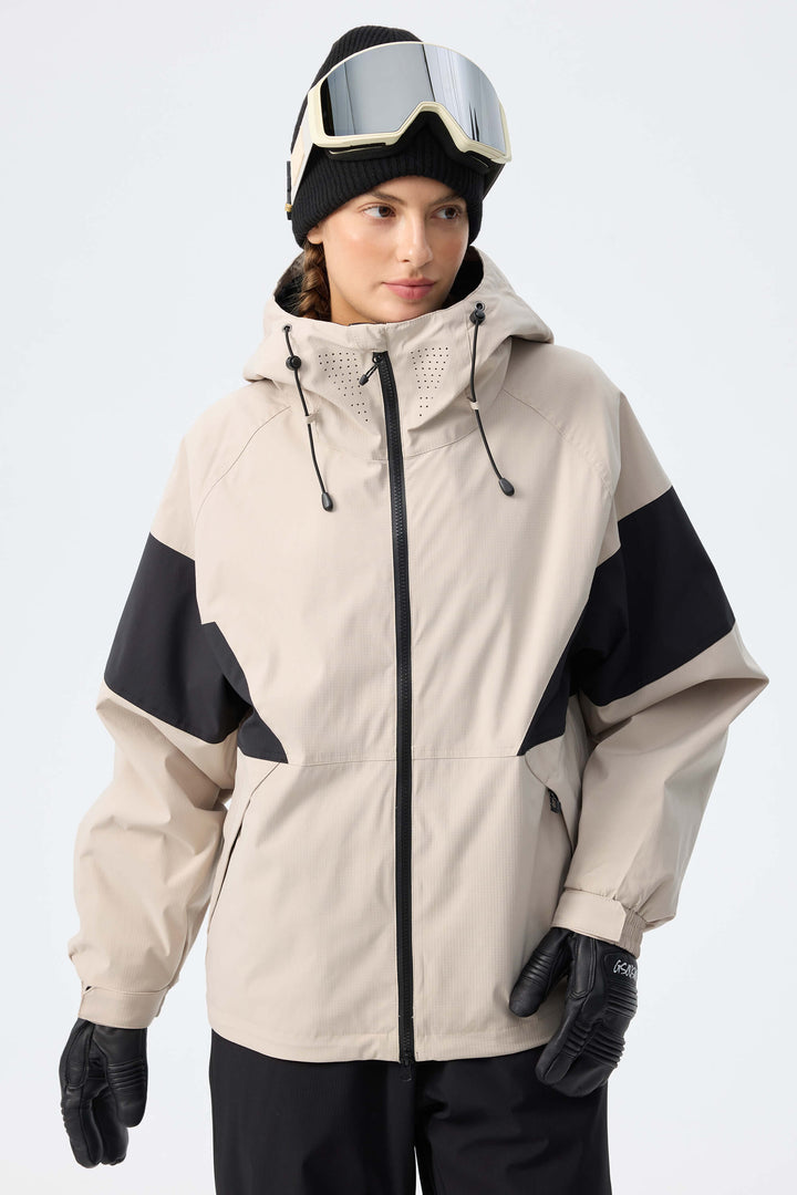 Women's Light Grey Retro Alpine Colorblock Insulated Snow Jacket