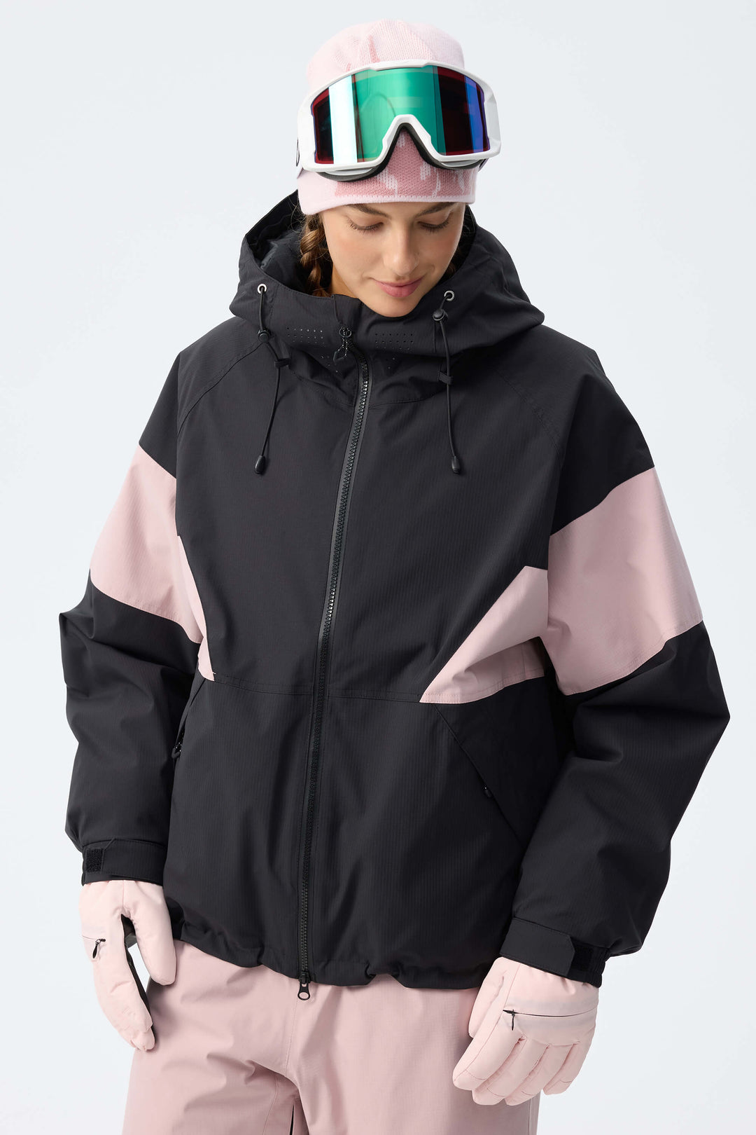 Women's Light Grey Retro Alpine Colorblock Insulated Snow Jacket