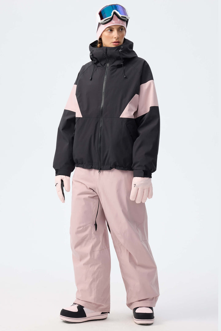 Women's Light Grey Retro Alpine Colorblock Insulated Snow Jacket