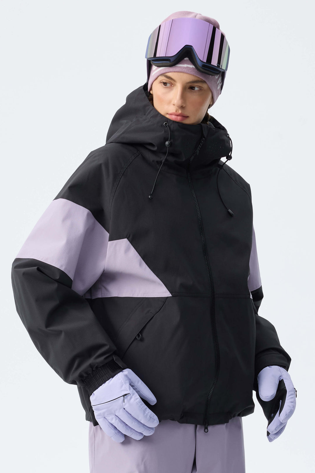 Women's Light Grey Retro Alpine Colorblock Insulated Snow Jacket
