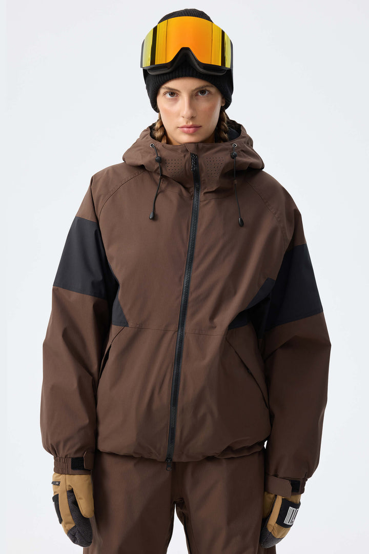 Women's Light Grey Retro Alpine Colorblock Insulated Snow Jacket