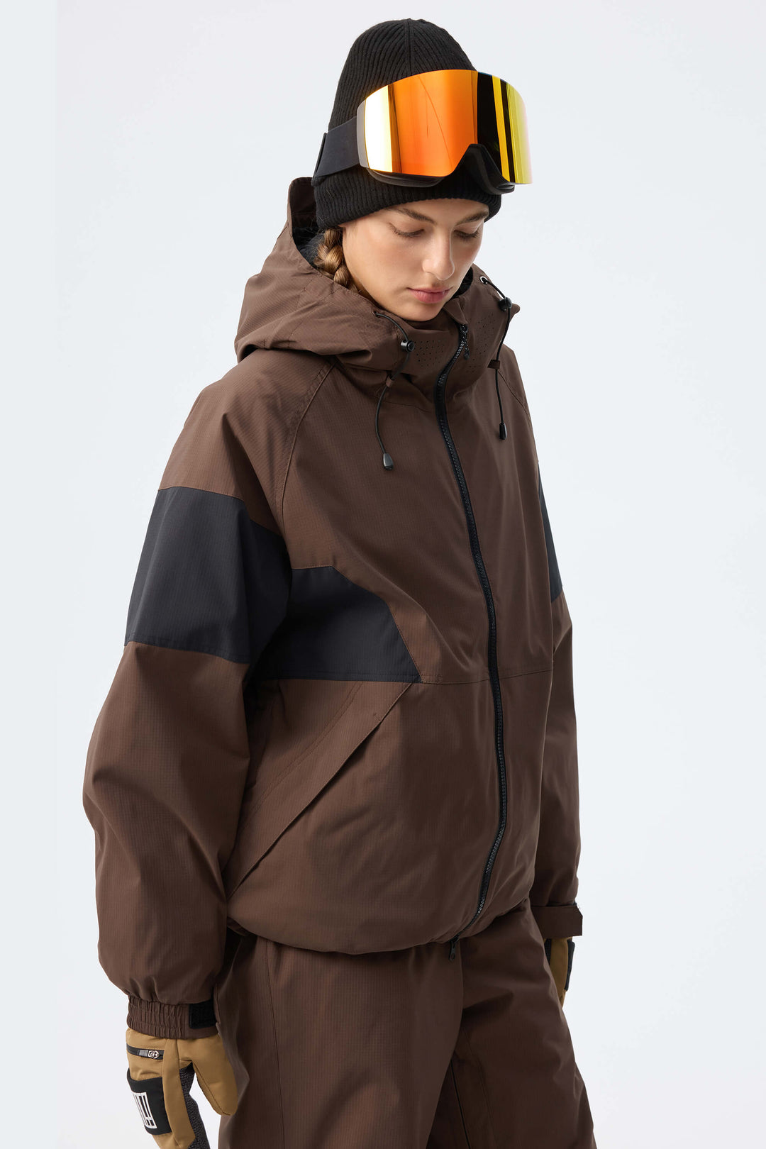 Women's Brown Retro Alpine Colorblock Insulated Snow Jacket