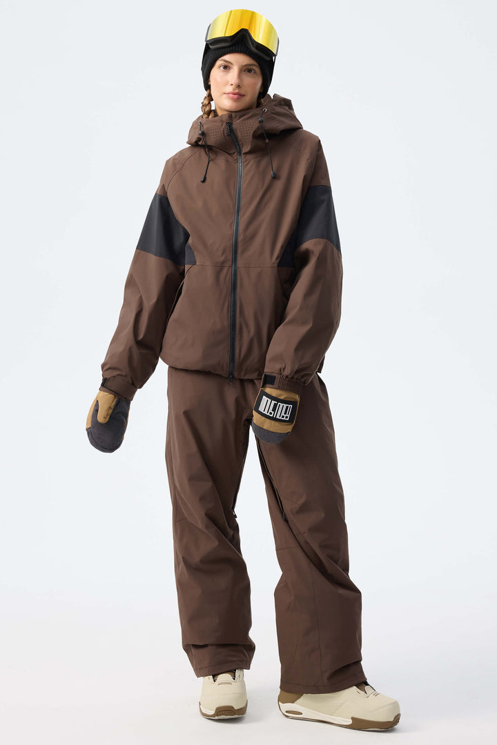 Women's Brown Retro Alpine Colorblock Insulated Snow Jacket