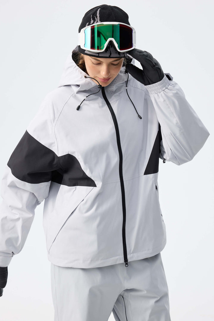 Women's Light Grey Retro Alpine Colorblock Insulated Snow Jacket