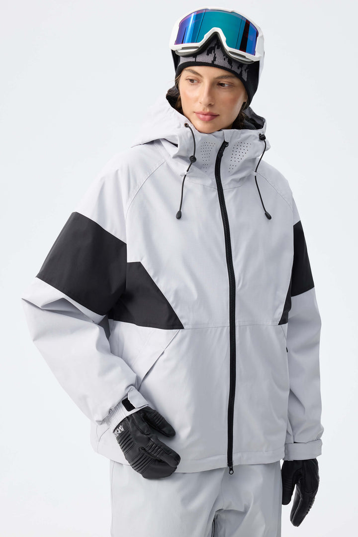Women's Light Grey Retro Alpine Colorblock Insulated Snow Jacket