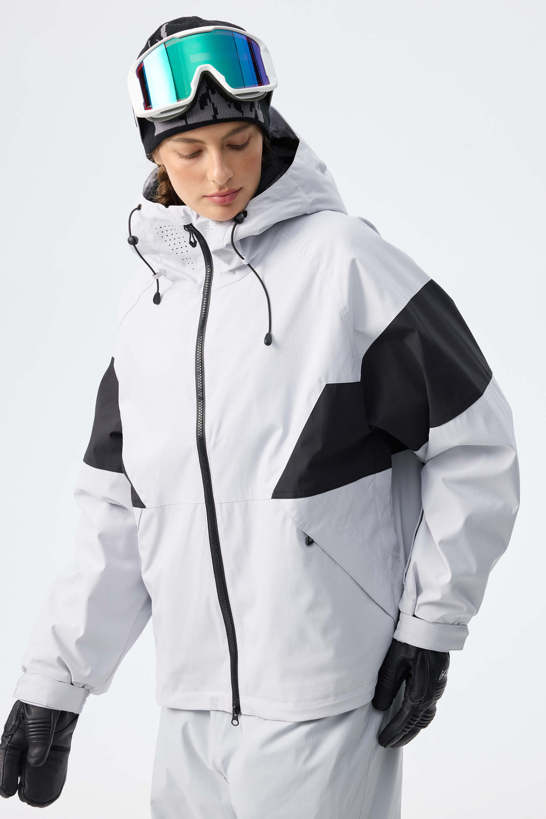 Women's Light Grey Retro Alpine Colorblock Insulated Snow Jacket