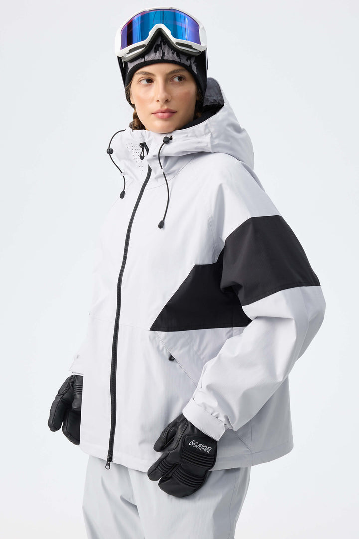 Women's Light Grey Retro Alpine Colorblock Insulated Snow Jacket