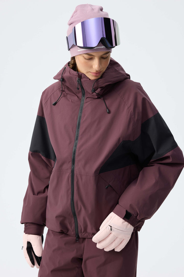 Women's Light Grey Retro Alpine Colorblock Insulated Snow Jacket