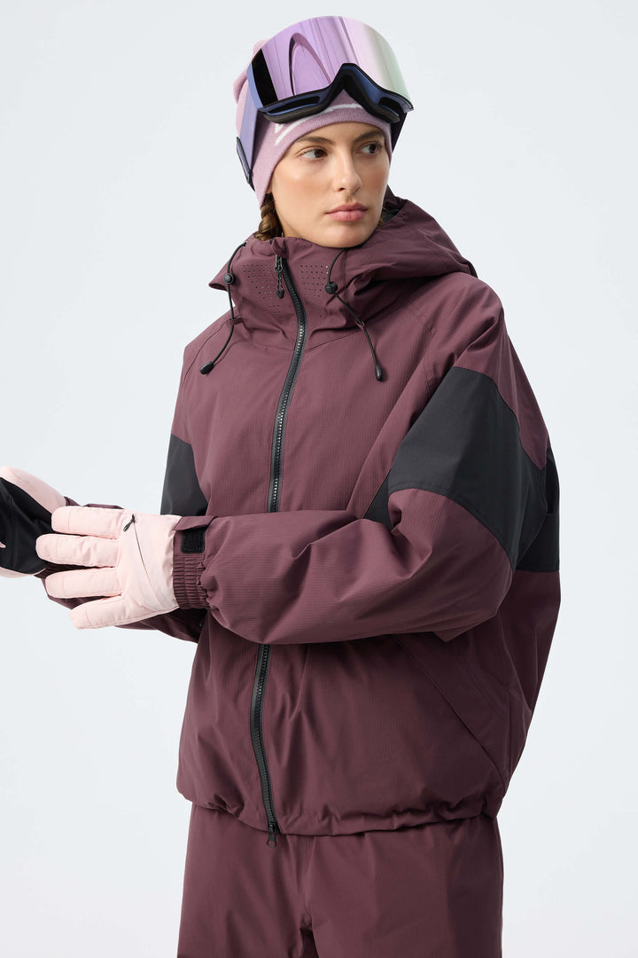 Women's Brown Retro Alpine Colorblock Insulated Snow Jacket