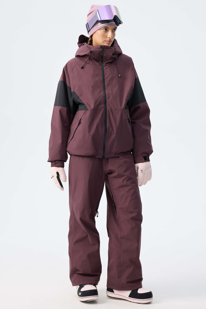 Women's Light Grey Retro Alpine Colorblock Insulated Snow Jacket