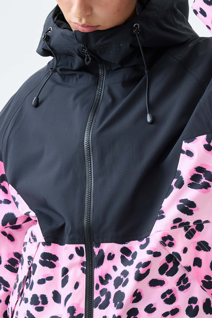 Women's Black & Pink Leopard V-Panel Colorblock Insulated Snow Jacket