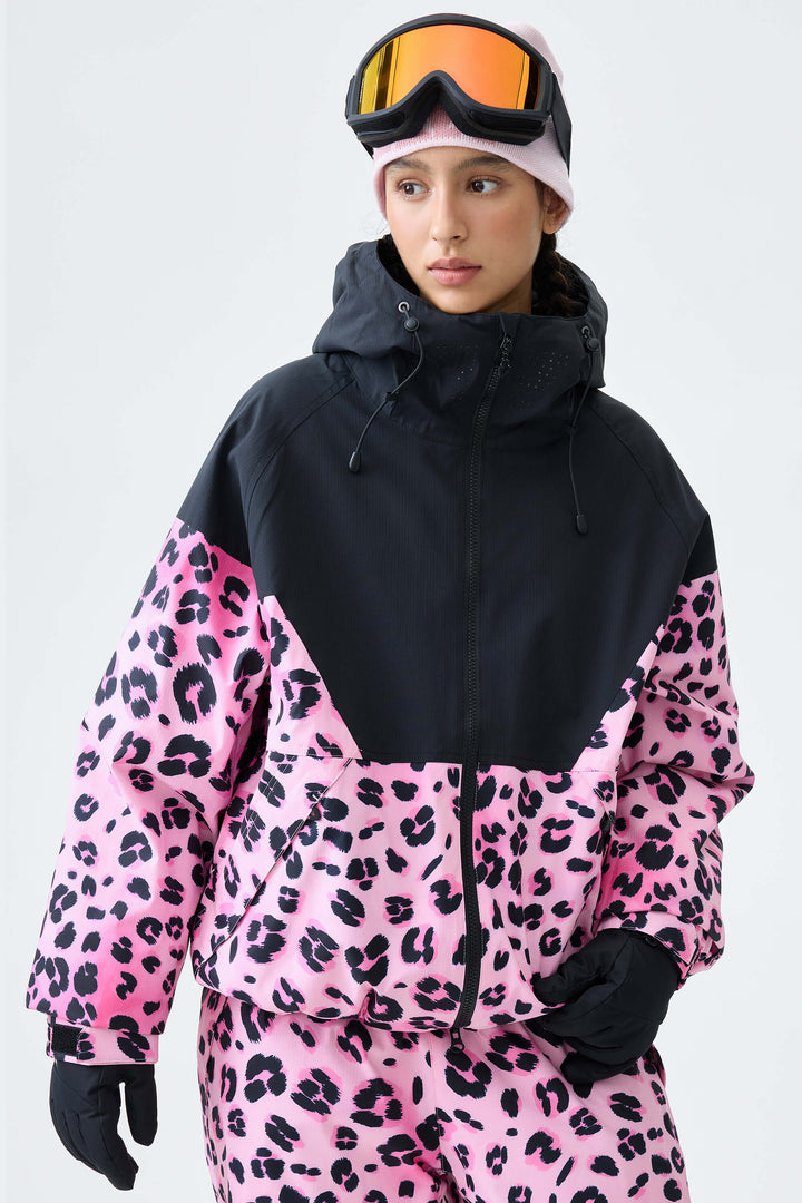 Women's Black & Pink Leopard V-Panel Colorblock Insulated Snow Jacket