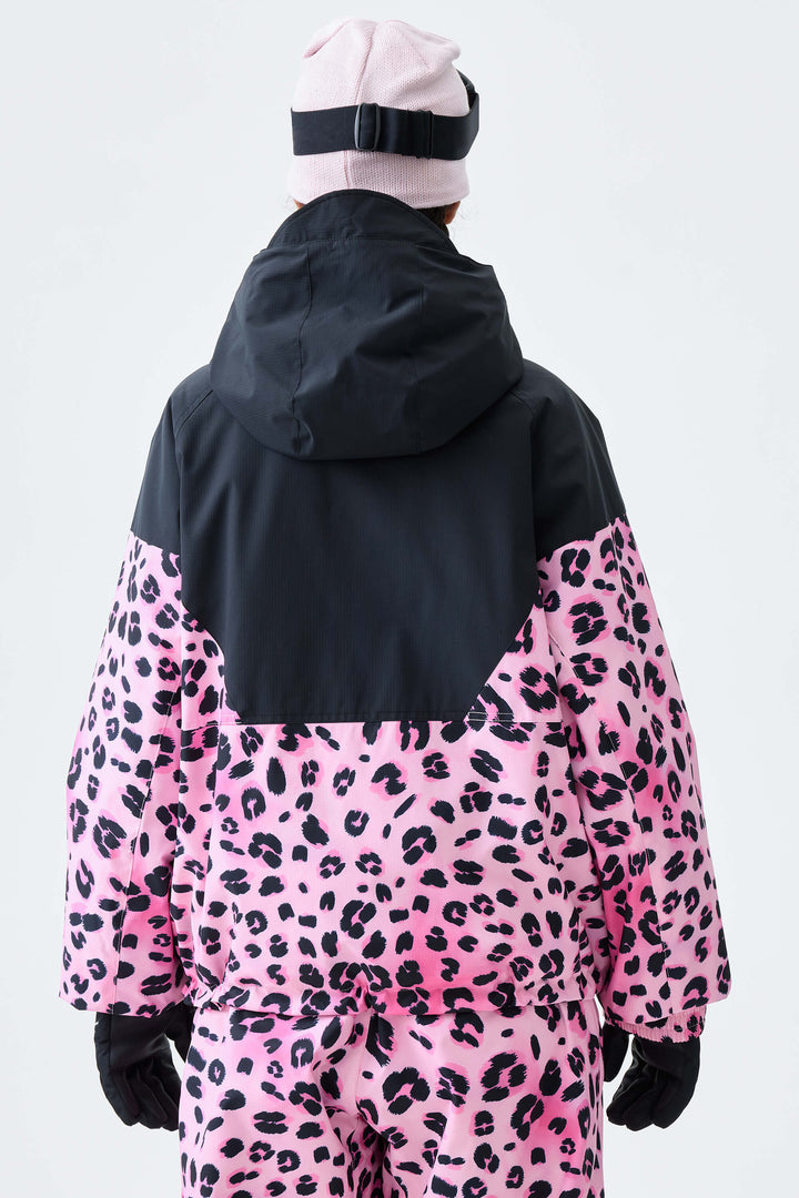Women's Black & Pink Leopard V-Panel Colorblock Insulated Snow Jacket