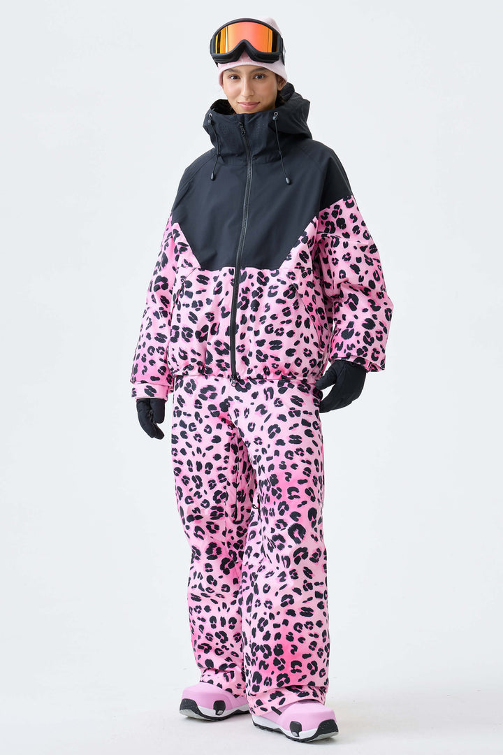 Women's Black & Leopard V-Panel Colorblock Insulated Snow Jacket