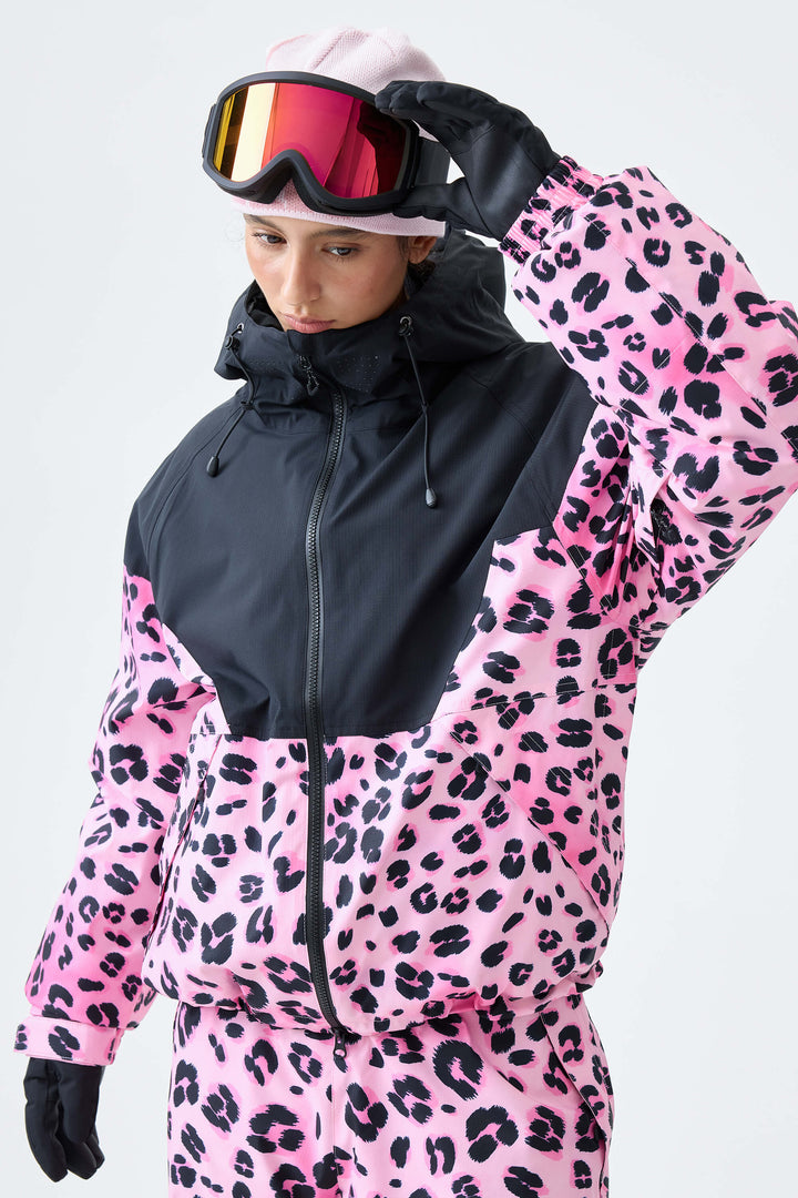 Women's Black & Pink Leopard V-Panel Colorblock Insulated Snow Jacket