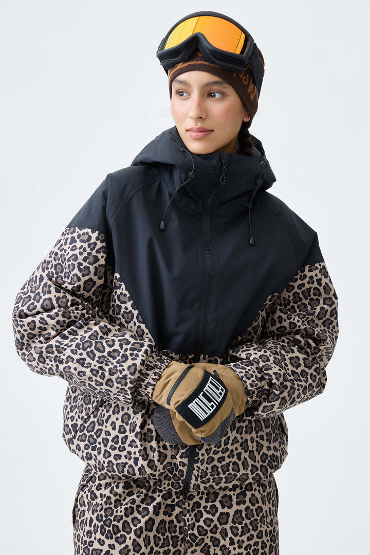 Women's Black & Leopard V-Panel Colorblock Insulated Snow Jacket