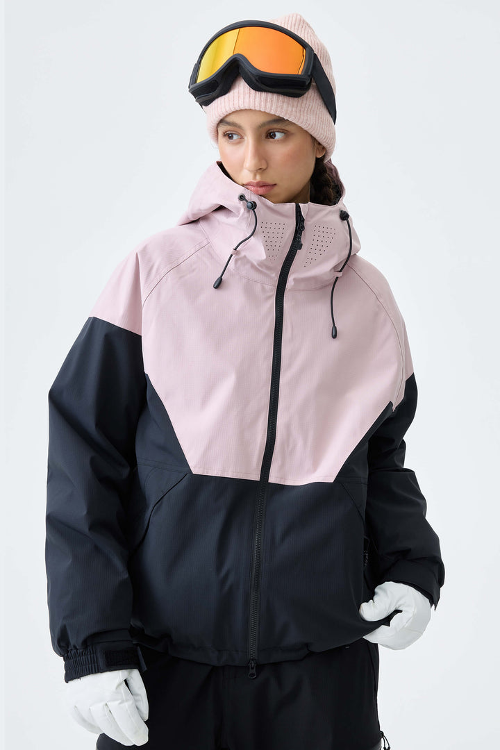 Women's Pink & Black V-Panel Colorblock Insulated Snow Jacket