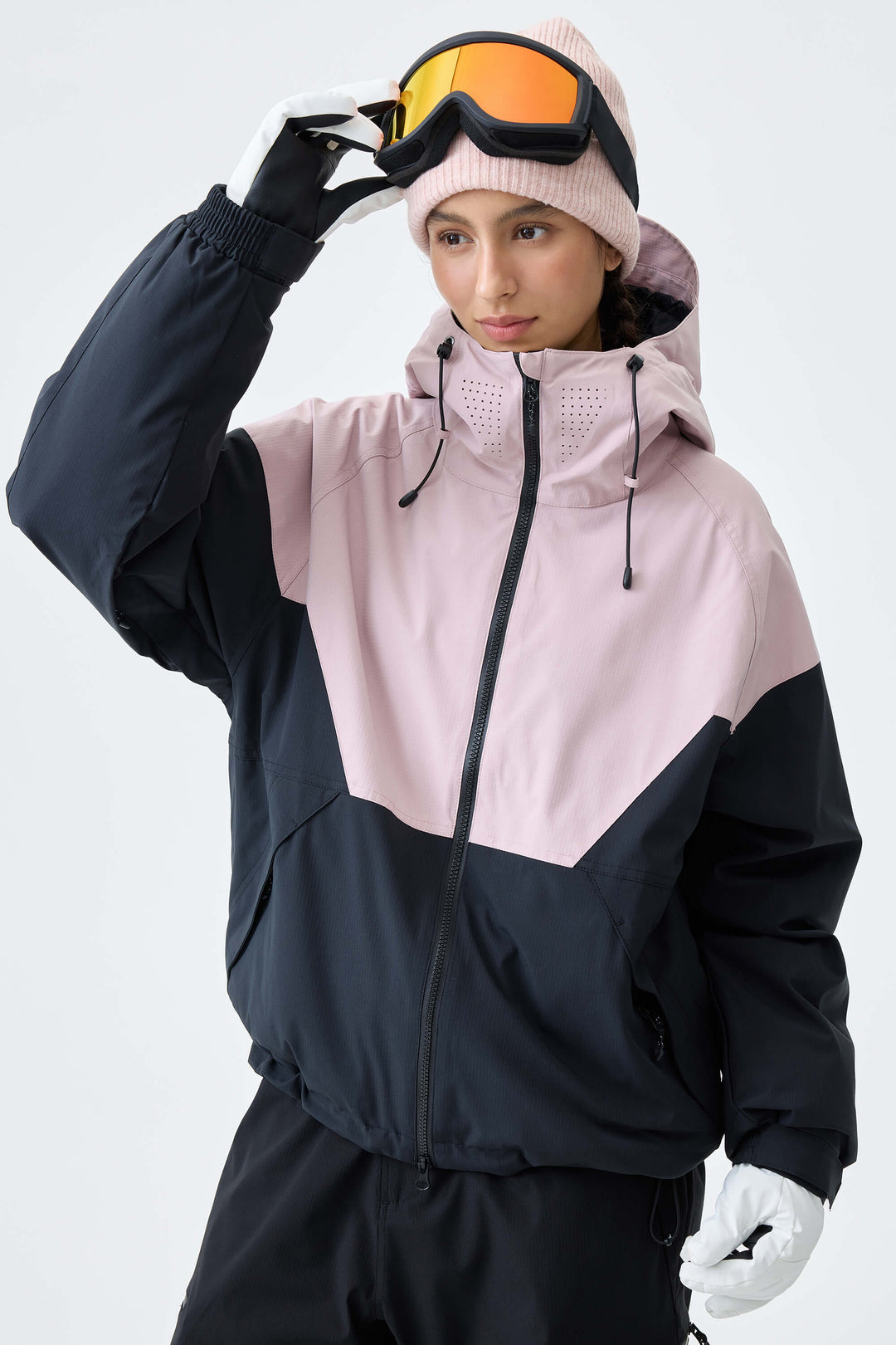 Women's Pink & Black V-Panel Colorblock Insulated Snow Jacket