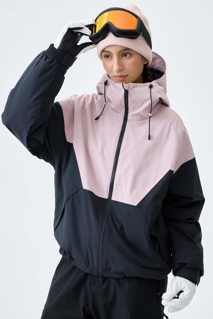 Women's Pink & Black V-Panel Colorblock Insulated Snow Jacket