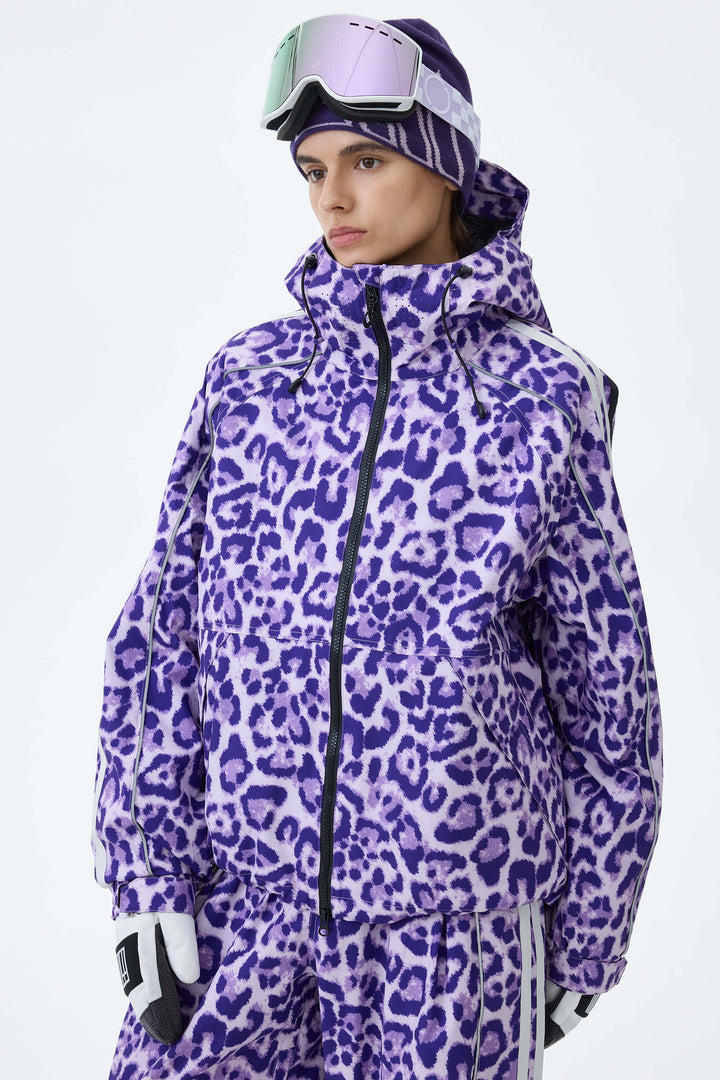 Women's Mono Leopard Retro Track Stripe Reflective Snow Jacket