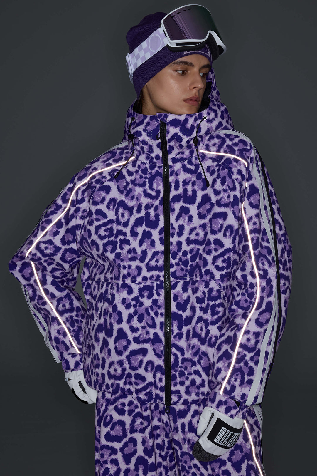 Women's Mono Leopard Retro Track Stripe Reflective Snow Jacket