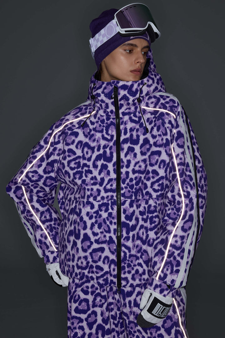 Women's Mono Leopard Retro Track Stripe Reflective Snow Jacket