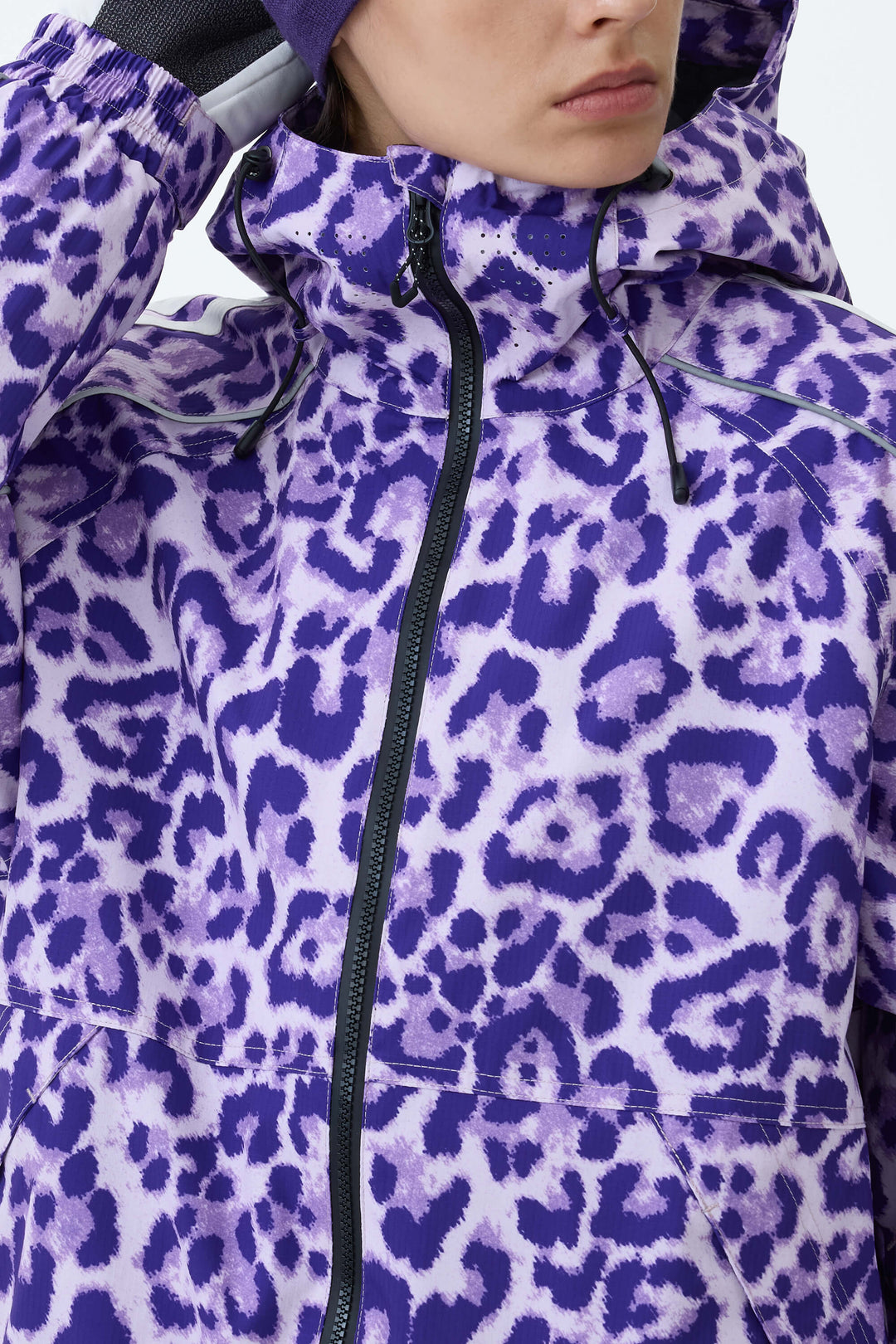 Women's Violet Leopard Retro Track Stripe Reflective Snow Jacket