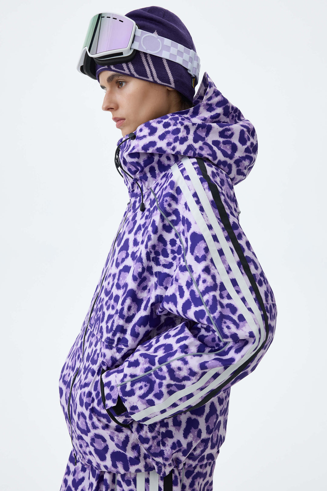 Women's Violet Leopard Retro Track Stripe Reflective Snow Jacket