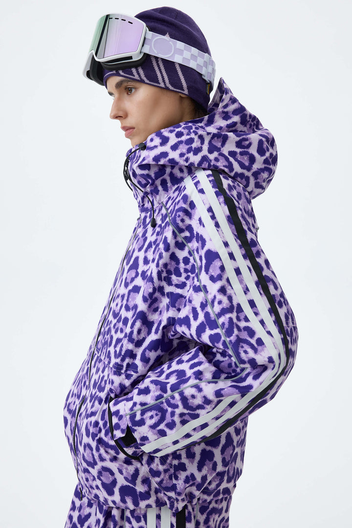 Women's Violet Leopard Retro Track Stripe Reflective Snow Jacket
