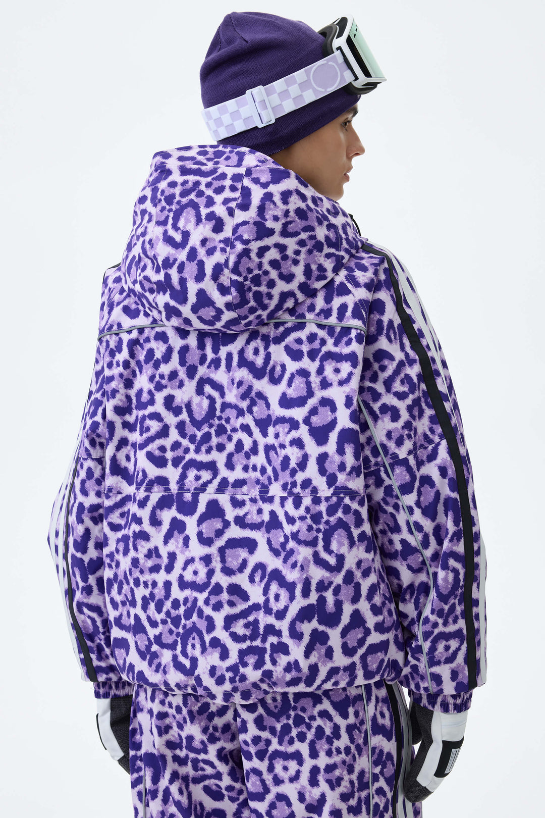 Women's Violet Leopard Retro Track Stripe Reflective Snow Jacket