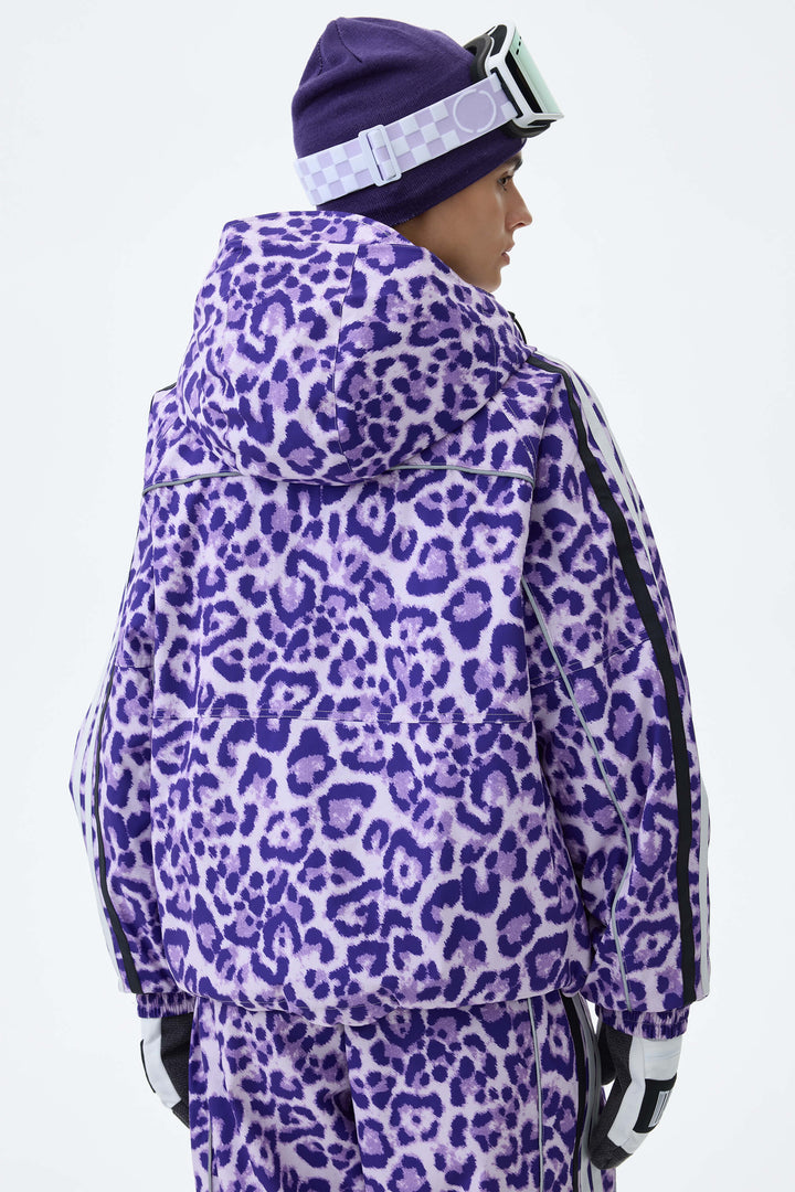 Women's Violet Leopard Retro Track Stripe Reflective Snow Jacket
