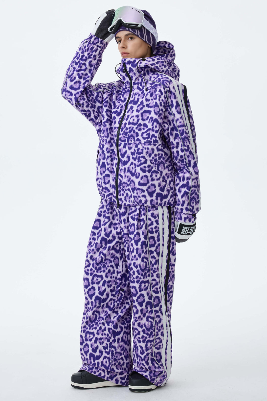 Women's Violet Leopard Retro Track Stripe Reflective Snow Jacket