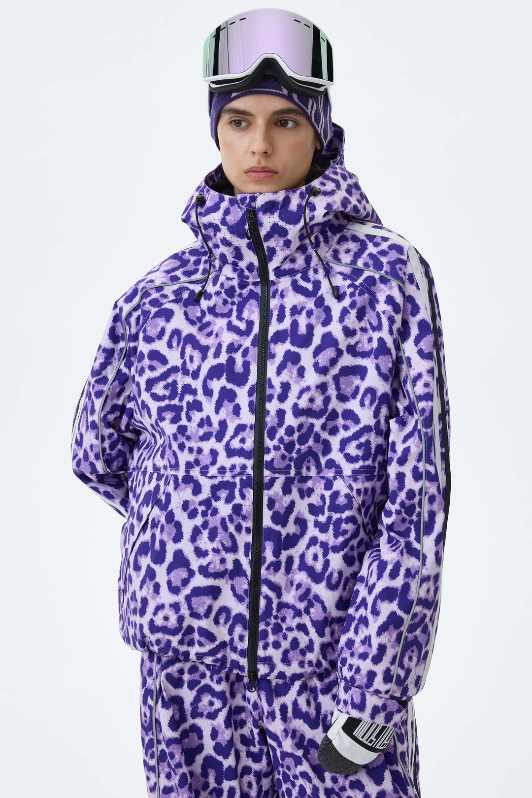 Women's Violet Leopard Retro Track Stripe Reflective Snow Jacket