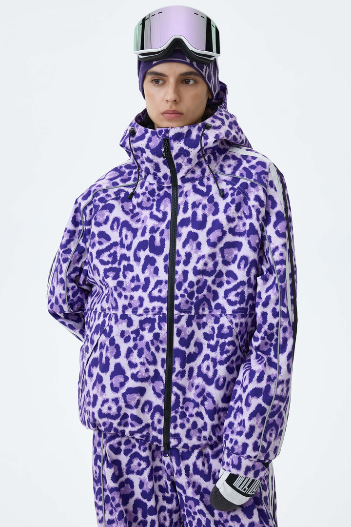 Women's Violet Leopard Retro Track Stripe Reflective Snow Jacket