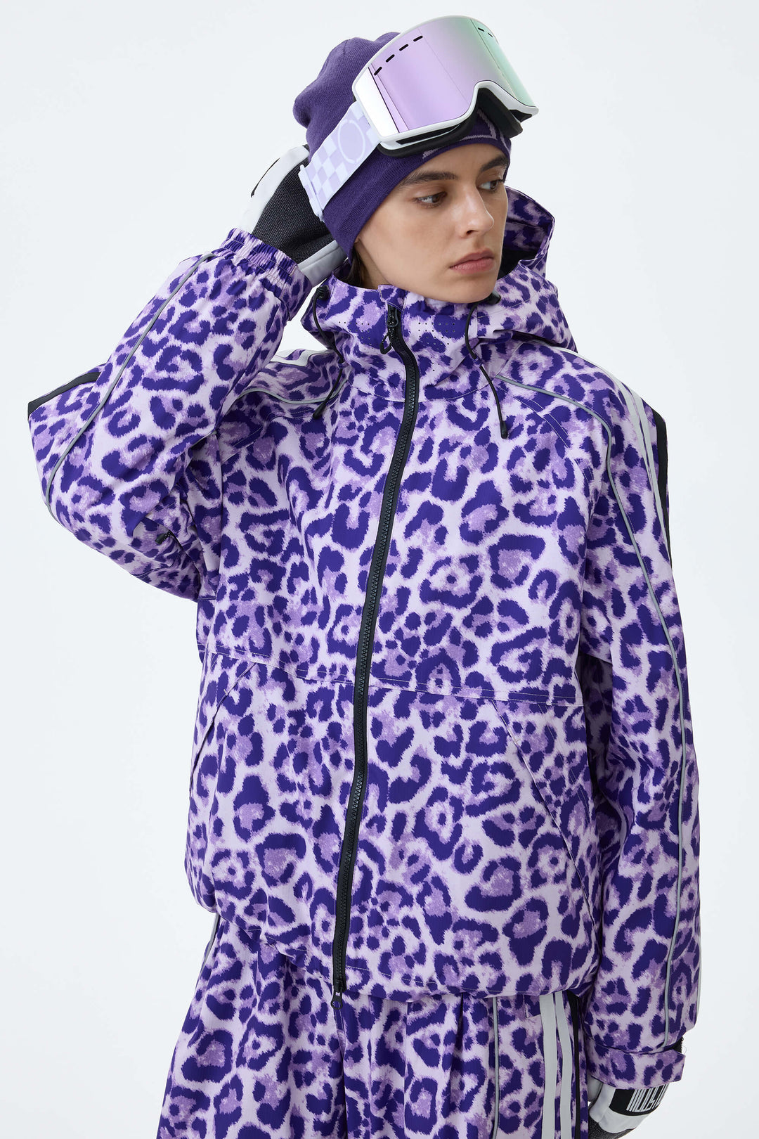 Women's Violet Leopard Retro Track Stripe Reflective Snow Jacket
