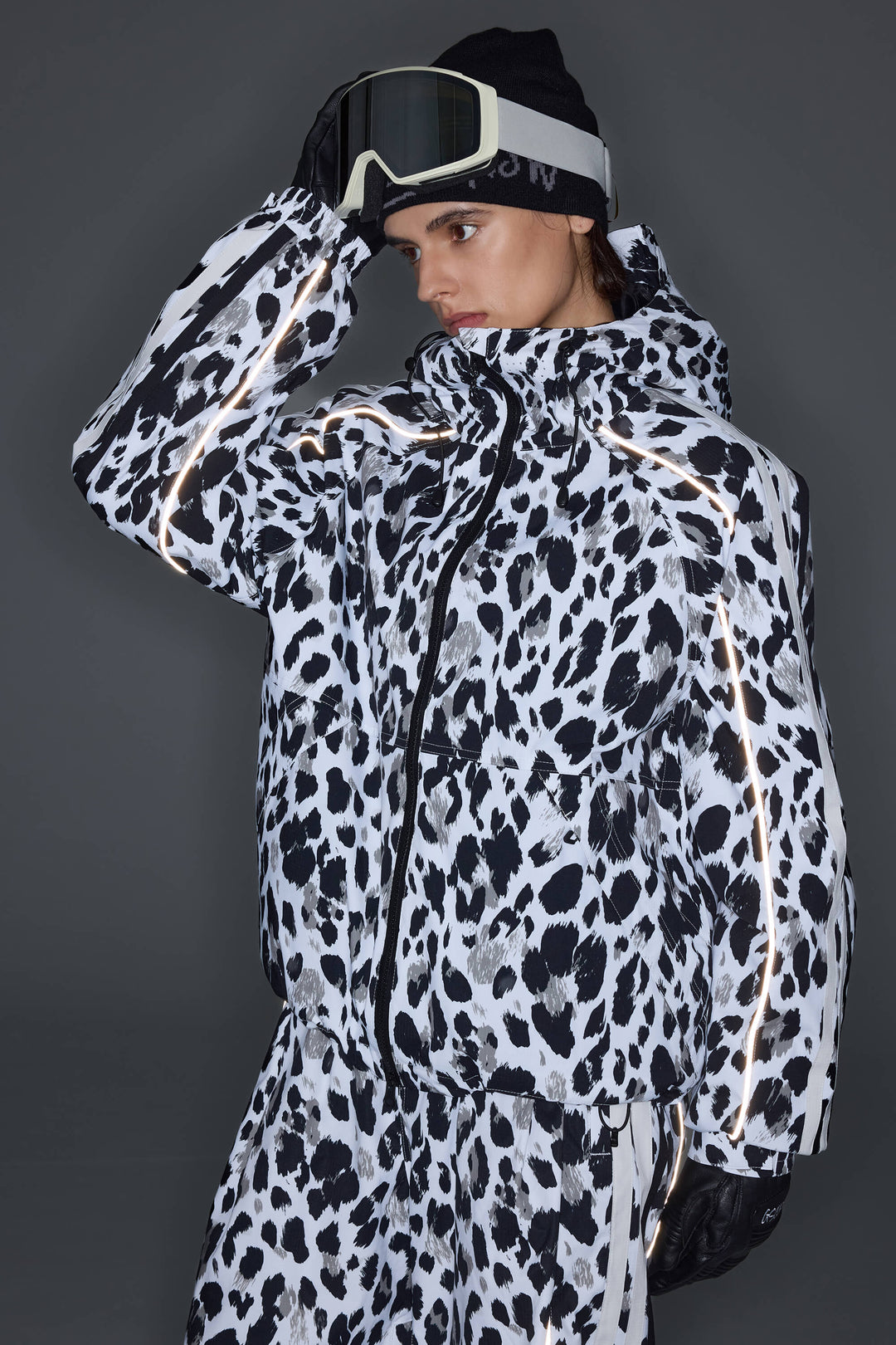 Women's Mono Leopard Retro Track Stripe Reflective Snow Jacket