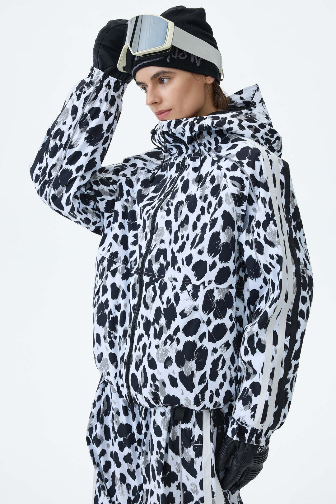 Women's Mono Leopard Retro Track Stripe Reflective Snow Jacket